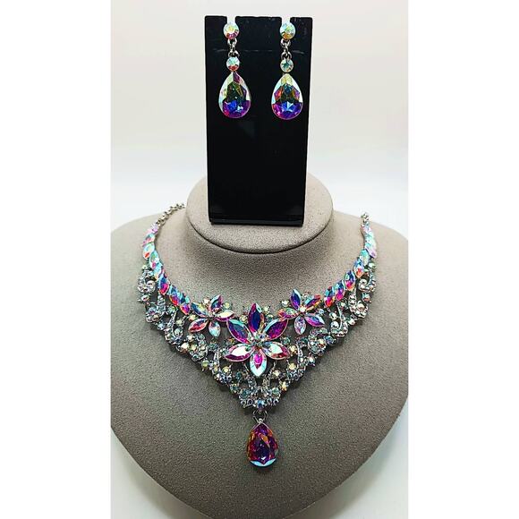 Iridescent Austrian Crystal Flower Necklace & Earrings Set, Silver Tone - Picture 1 of 4